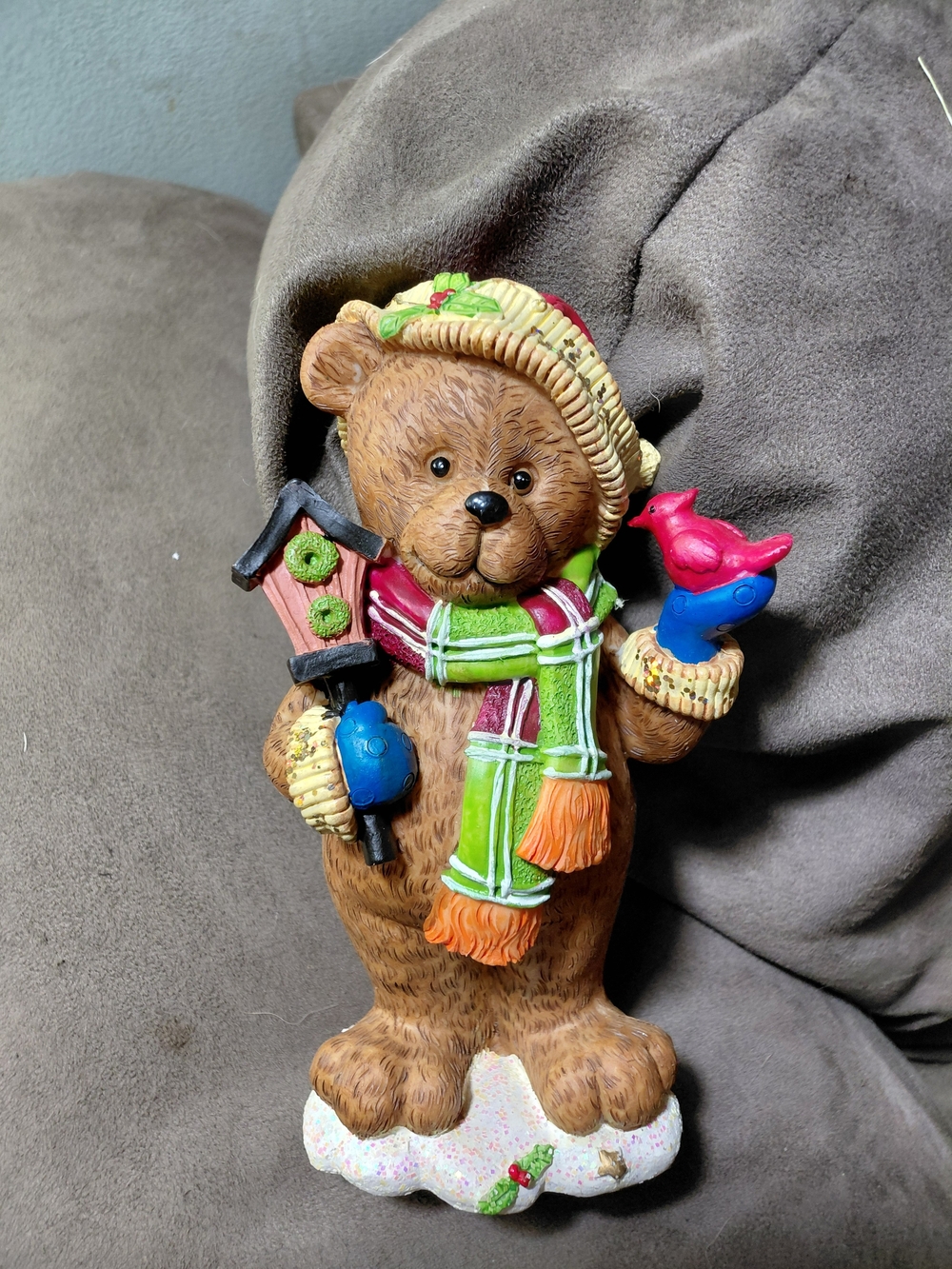 Ceramic Bear Figurine with Multicolor Accents & Christmas Charm